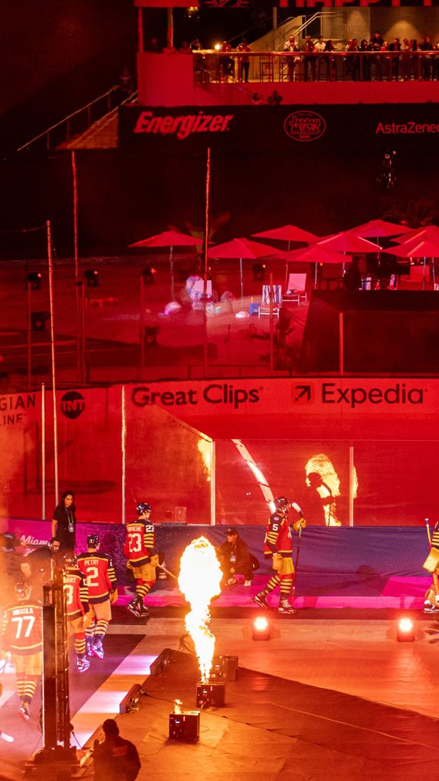 Florida Panthers walking out through flames for the Winter Classic