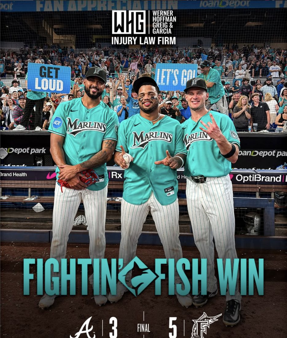 Fightin’ Fish Win graphic: Marlins 5, Braves 3, on Fan Appreciation Day