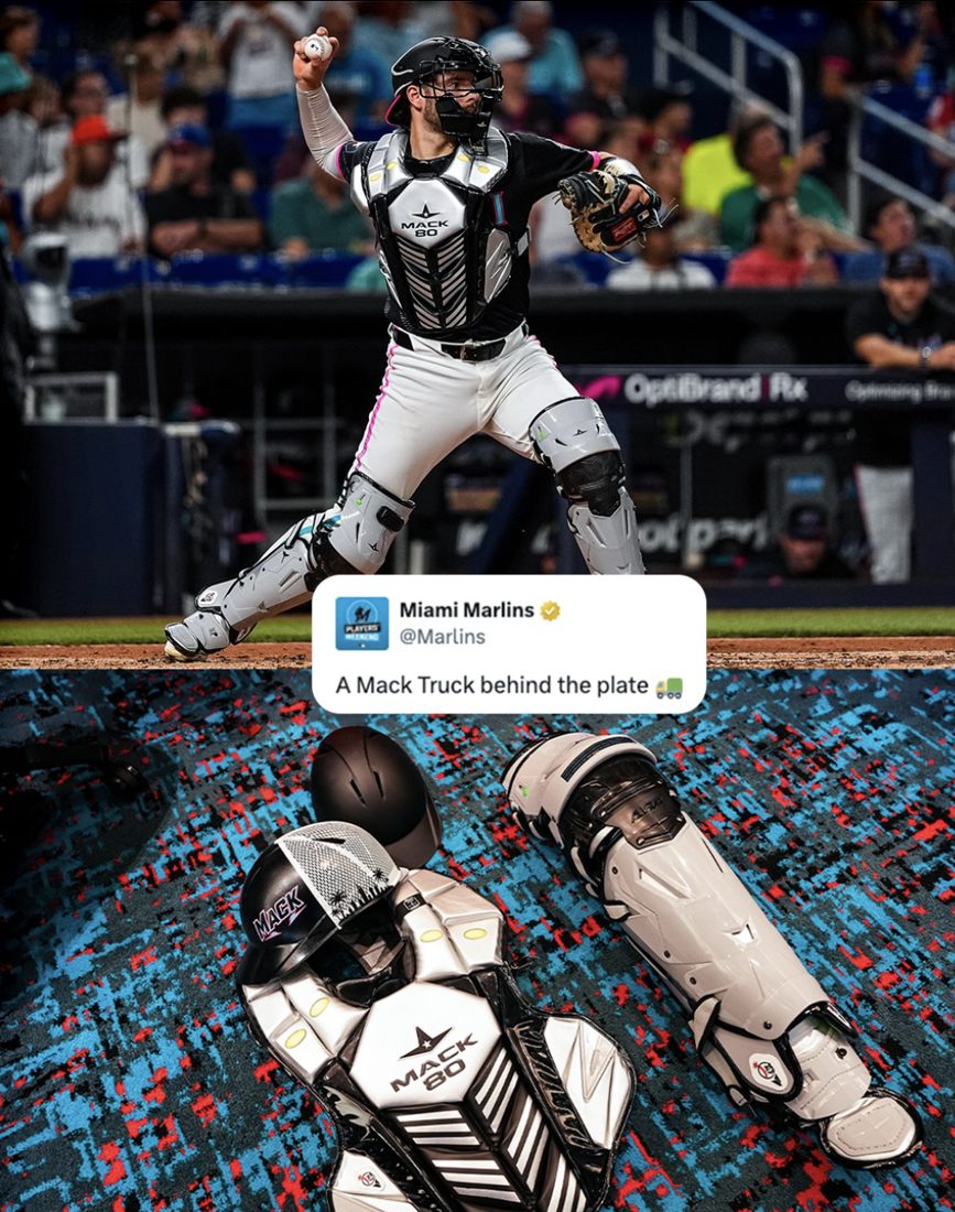 A Marlins catcher throwing in custom Mack 80 gear, captioned A Mack Truck behind the plate