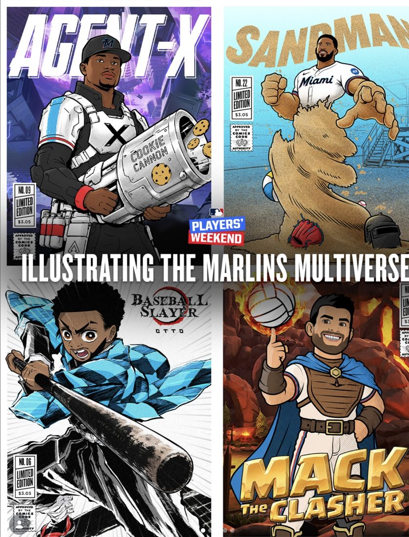 Illustrating the Marlins Multiverse: four comic-book covers of Marlins players for Players’ Weekend