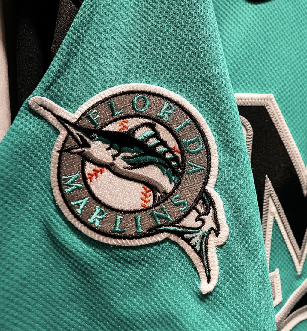 Close-up of the Florida Marlins legacy patch on the teal jersey sleeve