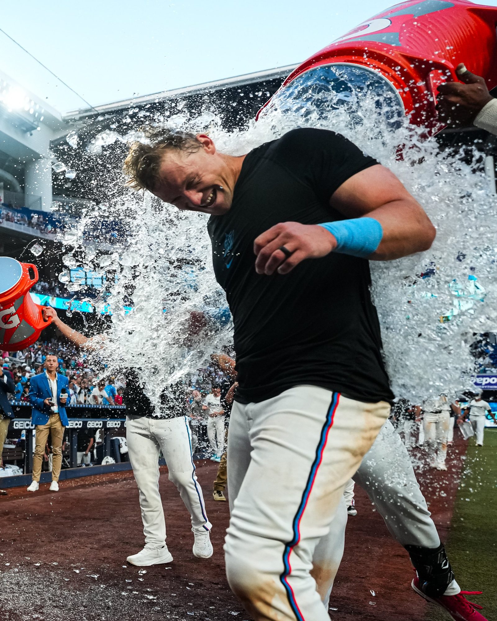 A Marlins player getting a Gatorade bath after a win