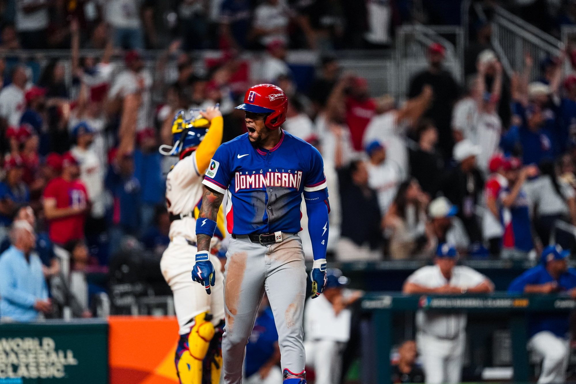 A Dominican Republic player celebrating at the World Baseball Classic