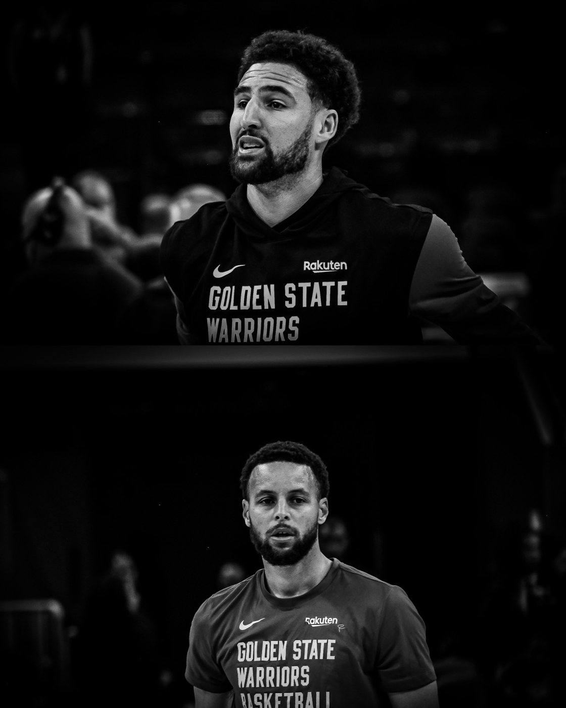 Klay Thompson and Stephen Curry in black and white during Warriors warmups