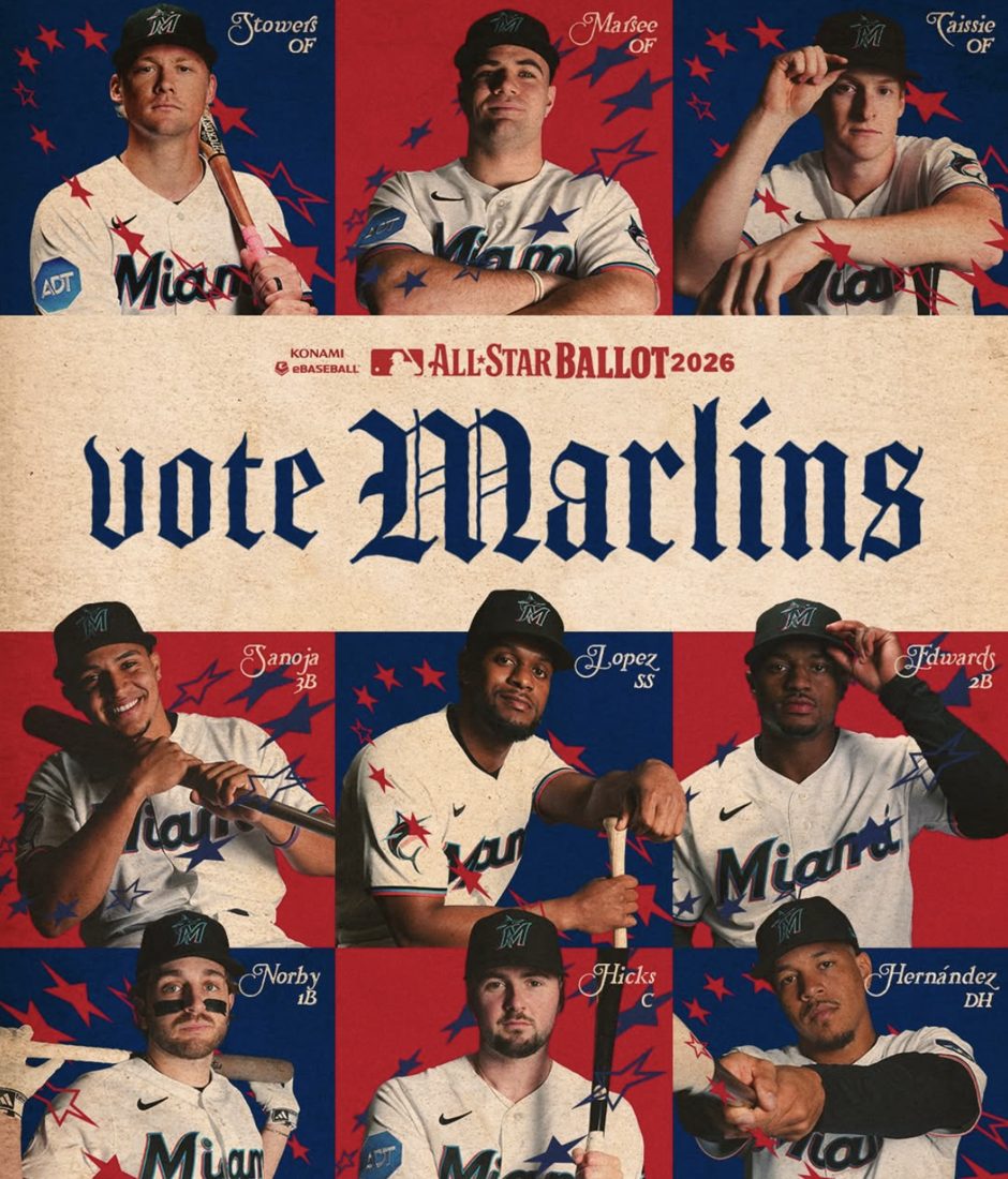 Vote Marlins All-Star ballot graphic featuring nine Marlins players