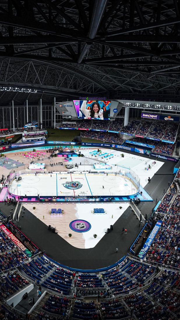 Overhead view of the Winter Classic rink inside a packed loanDepot park
